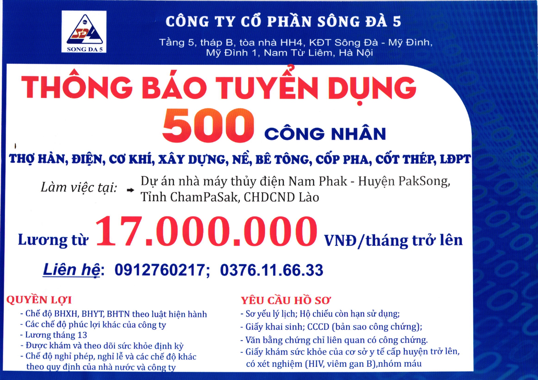 CÔNG TY CỔ PHẦN SÔNG ĐÀ 5 THÔNG BÁO TUYỂN DỤNG LAO ĐỘNG