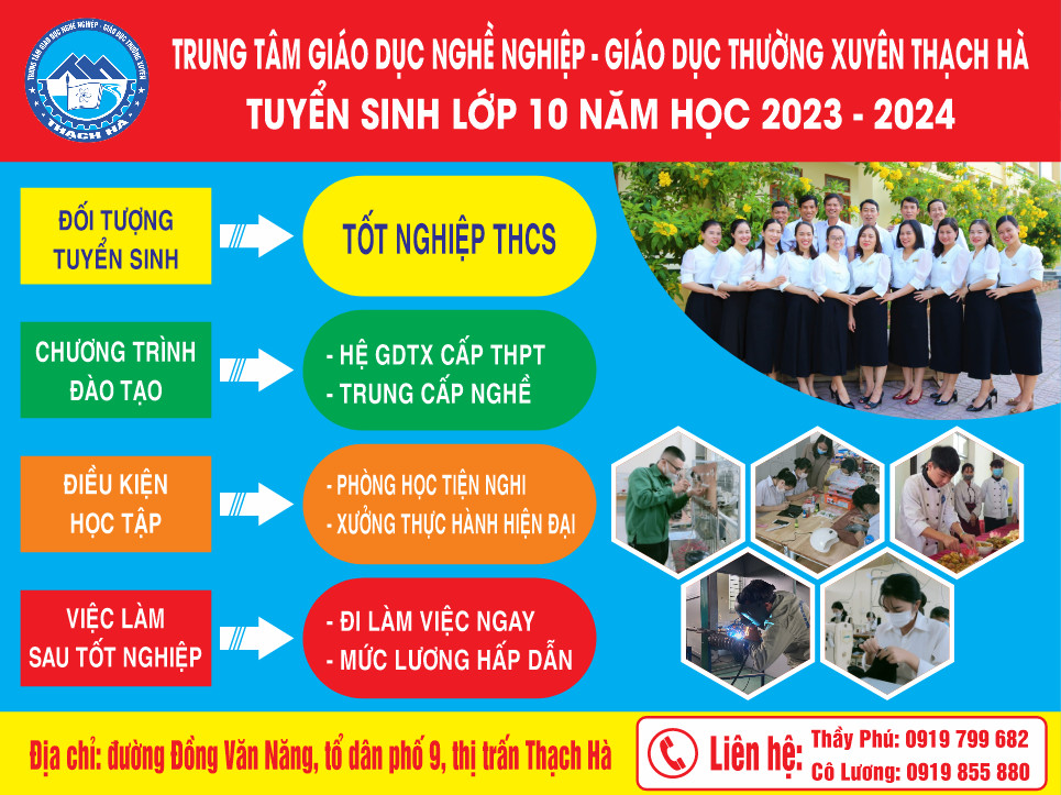 TRUNG TÂM GDNN – GDTX THẠCH HÀ THÔNG BÁO TUYỂN SINH NĂM HỌC 2023 – 2024